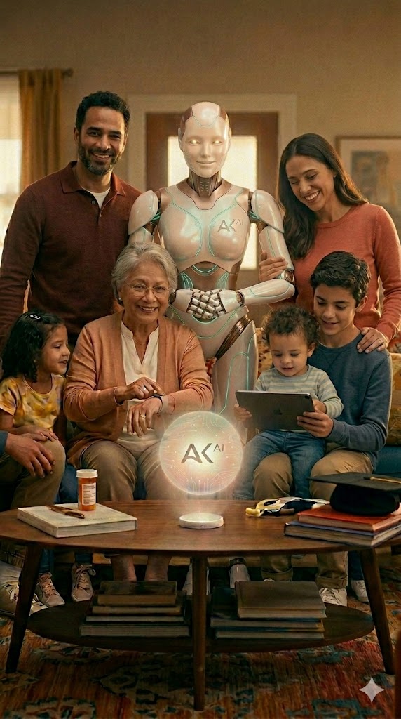 A warm family scene with the AuraKin AI android assistant surrounded by a multi-generational family